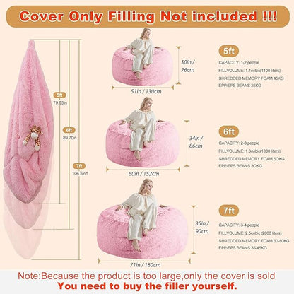 Fluffy Bean Bag for Stuffed Animals Storage, Faux Fur Washable Bean Bag Chair Cover(No Filler) for Textile Plush Toys, Beanbag Chair Cover for Adults Kids Teens, 6FT, Pink