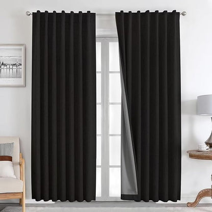 Joydeco Natural Linen Curtains 108 inch Length 2 Panels Set Burg 100% Blackout Patio Door Curtain Room Darkening Sliding Door Curtains Thermal Insulated Back tab Rod Pocket(105x108 inch, Black)