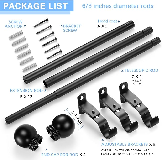 Curtain Rods for Windows 16 to 120 Inches, Curtain Rod Max Adjustable Length of 132 IN, 6/8" Diameter Drapery Rods Round Finials, Black, Pack of 2