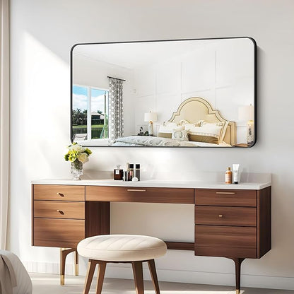 30x55 inch Bathroom Mirror,Black Rectangle Mirror,Wall Mounted Bathroom Frame Vanity Mirror with Round Corner for Bedroom Living Room, Entryway Hangs Horizontal or Vertical
