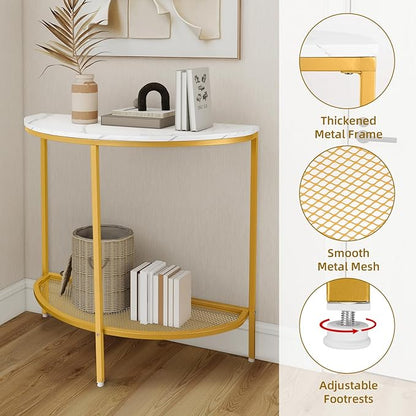 Entry Table Narrow Livingroom Furniture: 2 Tier Modern Console Table with Gold Frame and Imitation Marble Top for Kitchen Bedroom Hallway Living Room Office and More (Gold)