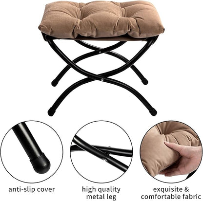 HollyHOME 15"(H) Folding Footrest Stool, Upholstered Small Foldable Ottoman, Accent Padded Sofa Foot Stool for Lazy Chair, Metal Frame Portable Foot Rest Ottoman for Living Room, Bedroom, Dark Brown