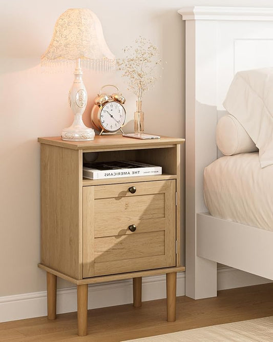 Nightstand, Boho Night Stand with 1 Drawer, Modern Side Accent Table with Open Shelf, Wooden Top Bedside End Table for Bedroom, Living Room, Natural