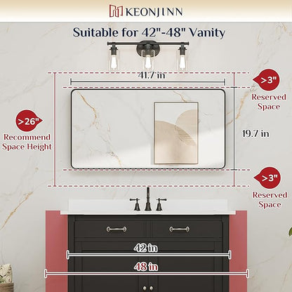 Keonjinn 42 x 20 Inch Brushed Nickel Bathroom Mirrors for Over Sink, Rounded Rectangle Silver Bathroom Vanity Mirror, Metal Framed Farmhouse Mirror for Wall, HD Tempered Glass(Horizontal/Vertical)