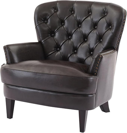Ball & Cast Accent Chair,Mid-Century Lounge Living Room Chairs with Button Tufting,Upholstered Reading Accent Chair W/Solid Wood Legs and Curved Backrest,for Bedroom,Apartment,Dark Brown