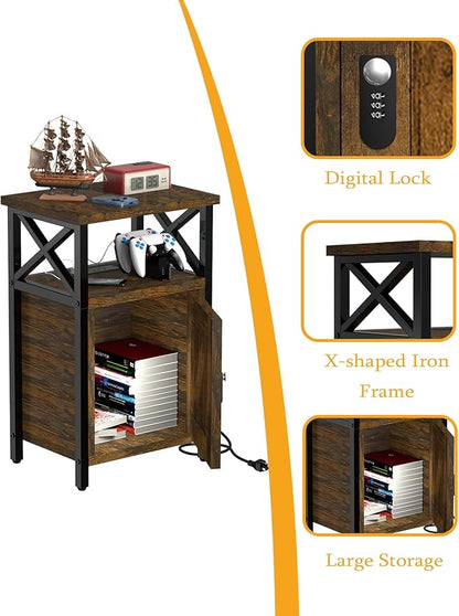 Wooden Nightstand with Lock, Bed Side Table with Drawers, Bedside Table with Charging Station, 3 USB & 2 Outlets, Night Stand with Storage, End Tables for Living Room, Bedroom, Dorm, Brown