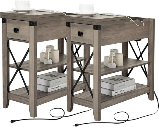 Narrow End Table with Charging Station - Farmhouse Slim Side Table Set of 2, w/USB Ports Power Outlets, Nightstand w/Flip Top Storage Drawer, for Small Spaces Living Room Bedroom, Gray