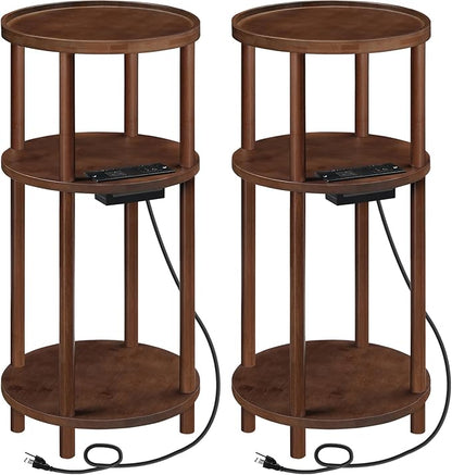 HOOBRO Set of 2 Small Round Side Tables with Charging Station, 3-Tier Round Bamboo End Tables, Compact Sofa Bedside Tables, Easy Assembly, for Living Room, Bedroom, Apartment, Mocha MA152UBZP201
