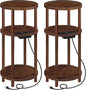HOOBRO Set of 2 Small Round Side Tables with Charging Station, 3-Tier Round Bamboo End Tables, Compact Sofa Bedside Tables, Easy Assembly, for Living Room, Bedroom, Apartment, Mocha MA152UBZP201