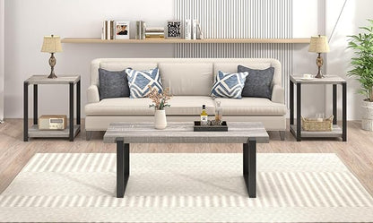 FOLUBAN Modern Coffee Table, Rustic Wood and Metal Center Table, Retro Small Cocktail Tea Table for Living Room, Light Grey, 44 Inch