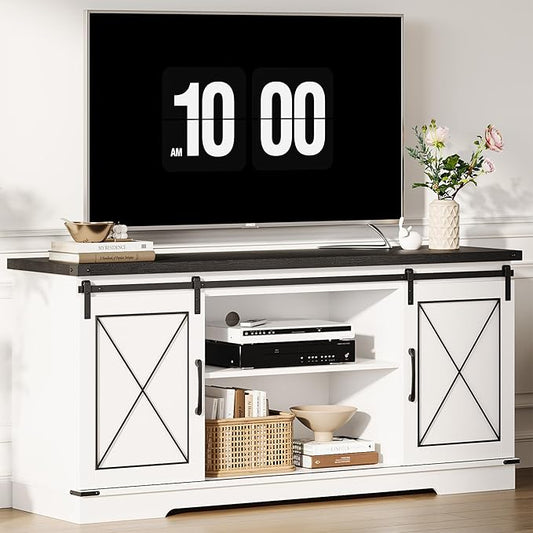CABIHOME Farmhouse TV Stand and Entertainment Center for TV Up to 65 Inches with Sliding Barn Doors and Adjustable Shelf, TV Media Storage Console Table and Furniture for Living Room, Bedroom, White