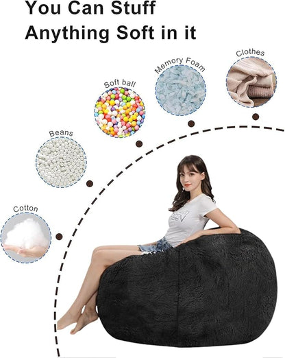 Bean Bag Chair for Adults Kids Without Filler Fluffy Comfy Giant Round Beanbag Sofa Chair Cover for Stuffed Animal Storage Living Room, 5FT, Dark Grey