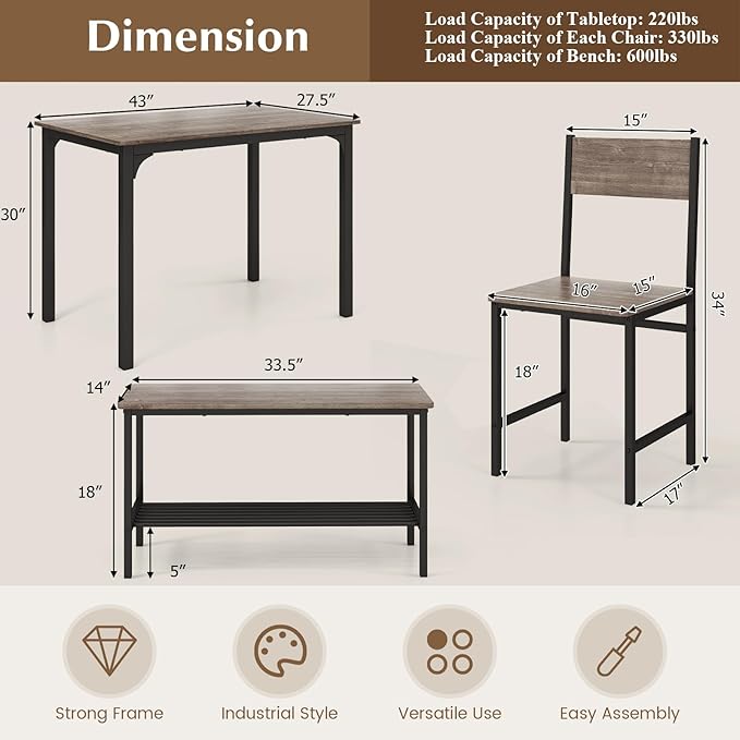 Tangkula Dining Table Set for 4, Kitchen Table and 2 Chairs for 4 with Bench, 4 Piece Dining Table Set for Small Space, Apartment