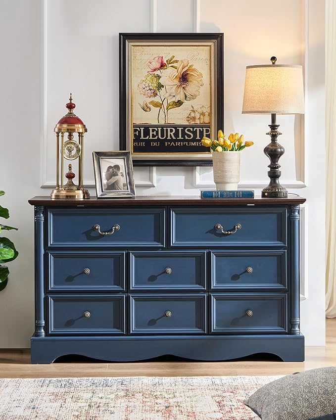 Farmhouse 8 Drawers Dresser for Bedroom with Charging Station, 54" Wide Wood Country Rustic Storage Dressers Organizer, Vintage Design Chest of Drawers TV Stand for Bedroom, Living Room