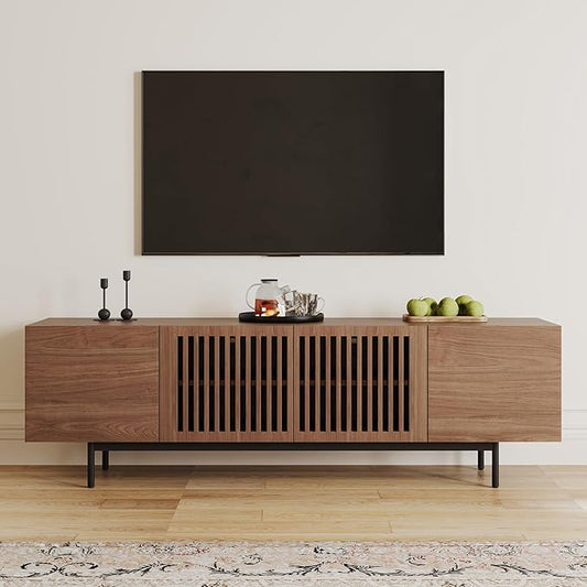 POVISON Full Assembled Mid-Century Modern TV Stand with Slatted Doors, Wood Media Console for 65-75 Inch TV, TV Console with Tall-cast Metal Legs, Entertainment Center with Storage for Living Room