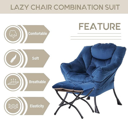 LITA Lazy Chair with Ottoman, Modern Accent Leisure Upholstered Sofa Chair, Contemporary Lounge Reading Chair with Armrests and a Side Pocket for Living Room, Bedroom & Small Space, Royal Blue
