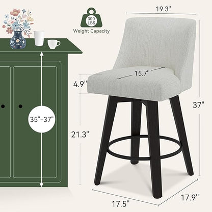 Vipbear Swivel Counter Height Bar Stools Set of 6,26.8" H Counter Stools with Back, Mid Century Modern Bar Stools for Kitchen Island,Linen Fabric,Wooden Base, White