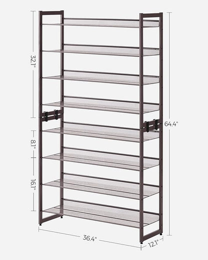 SONGMICS Shoe Rack, 8-Tier Shoe Organizer, Metal Rack for Garage, Set of 2, 4-Tier Stackable Shelf, with Adjustable Flat or Angled Shelves, 32-40 Pairs, Bronze ULMR08A
