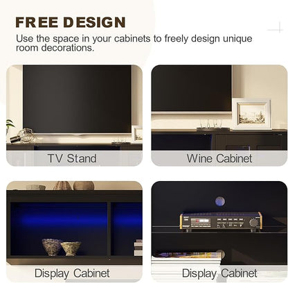 4-Piece Wall Unit TV Stand with Storage & LED Lights for TVs up to 75", Modern Entertainment Center with Bookshelves & 8-Door Pantry Cabinet, White Black