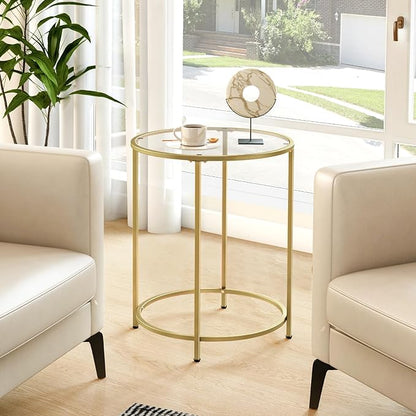 19.7’’ Round Glass End Table, Round Bedside Table with Tempered Glass Top, Gold Glass Side Table with Metal Frame, Modern Round End Table for Living Room Balcony Bedroom Porch Patio