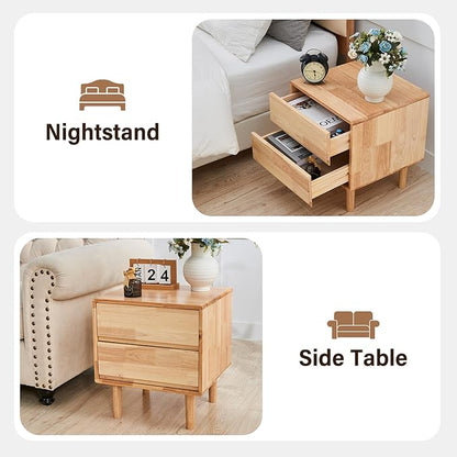 CozyDH Natural Wood Nightstand with Drawers, Solid Wood Nightstand End Table, 19" Bedside Table for Bedroom, Sofa Side Table with Wooden Legs Living Room