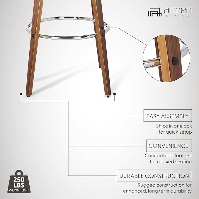 Armen Living Sonia 30" Bar Height Swivel Brown Faux Leather and Walnut Wood Bar Stool - Set of 3