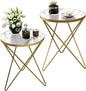 HLR Modern Round Side Table Set of 2, End Table with Marble Effect Top and Gold Metal Frame, Small Side Table for Living Room, Bedroom, Sofa and Couch, Gold Legs, White Marble top