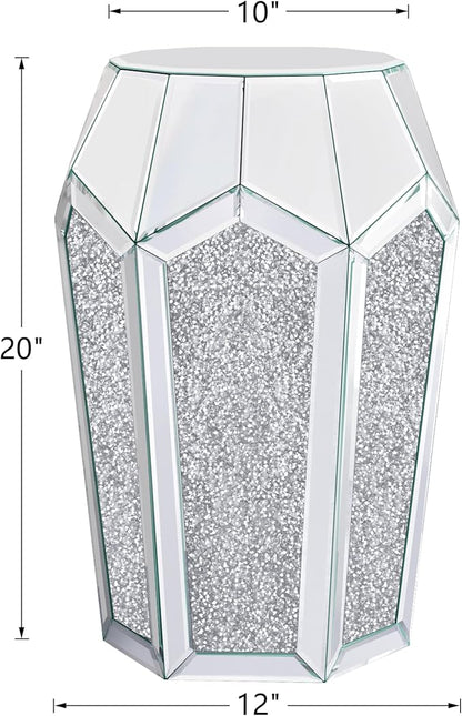ENENE Mirrored End Table Crystal Diamond Setting Coffee Table Silver Glass Side Table Pedestal Stand for Hallway, Living Room, Corner, Bedroom, Sofa