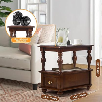 Narrow End Table with 1 Drawer and 2 Hidden Compartments for Living Room, 2-Tier Skinny Couch Side Table with Storage Shelves for Small Spaces, Solid Wood Slim Nightstand for Bedroom, Walnut