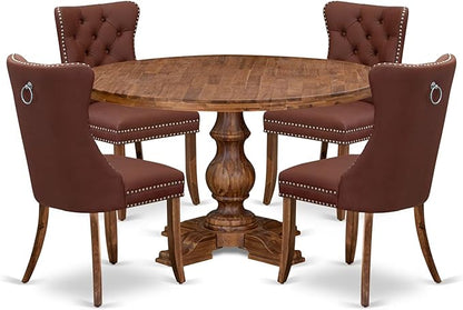I5DA5-50N-26 5-Pc Kitchen Table Set Contain a Wooden Table and 4 Burgundy Polyester Fabric Upholstered Chairs with Button-Tufted Back, Antique Walnut