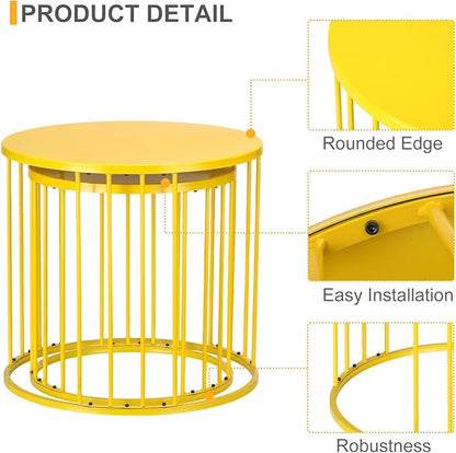 LEWIS&WAYNE Outdoor Side Table Set of 2, Metal Circle Accent End Tables for Balcony Backyard Garden Indoor Living Room, Durable Nesting Coffee Tables, 20”+16” Dia, Yellow