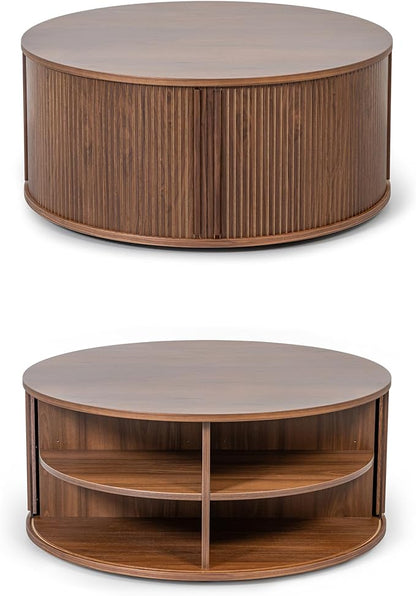 WERMO 35'' Round Coffee Table with Storage and Shelves - Round Center Table for Living Room and Office. Wood Mid Century Modern Coffee Tables for Living Room (Walnut)