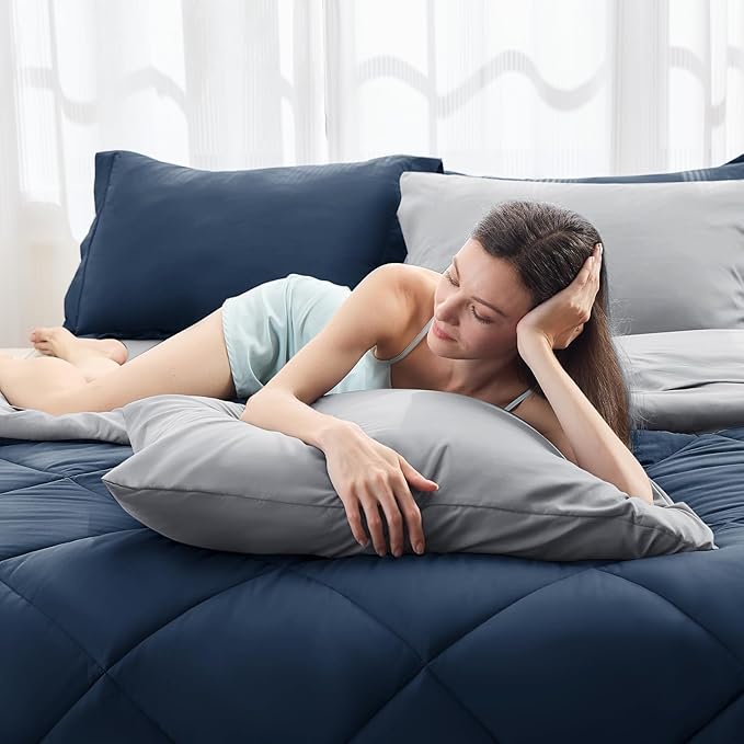 HEVUMYI Queen Comforter Set - 7-Piece All Season Bed in a Bag Queen, Ultra Soft Bedding Set with Comforter, Flat Sheet, Fitted Sheet, Pillowcases, Pillow Shams, Navy Blue & Light Grey