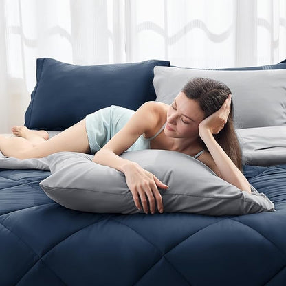 HEVUMYI Queen Comforter Set - 7-Piece All Season Bed in a Bag Queen, Ultra Soft Bedding Set with Comforter, Flat Sheet, Fitted Sheet, Pillowcases, Pillow Shams, Navy Blue & Light Grey