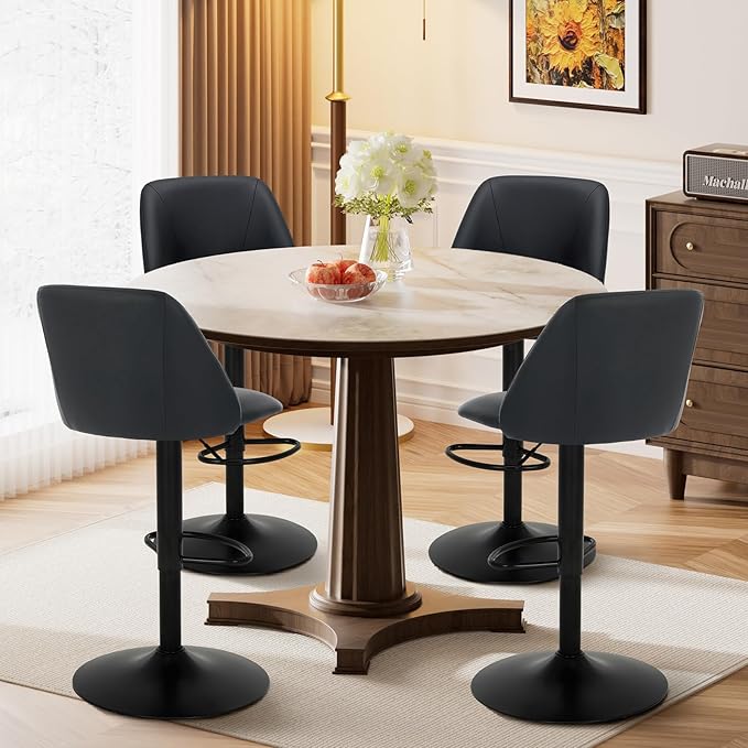 COLAMY Bar Stools Set of 2, Modern Swivel Bar Chairs, Adjustable PU Leather Upholstered Barstools Counter Height with Full Backrest for Bar, Dining Room, Kitchen Island, Black