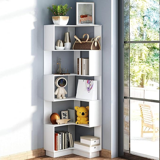 Corner Bookshelf, 68.9" Tall Wooden Corner Bookcase 5 Tiers L-Shaped Storage Freestanding Display Rack Large Open Bookshelf with Fixture for Living Room Bedroom Study Office (White)