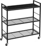 3-Tier Metal Storage Rack with Industrial Wheels,Mesh Shelving Unit with Wooden Table top,Adjustable Shelf,31.5-Inch Width, for Kitchen, Laundry,Pantry,Plant,Black panel and black frame