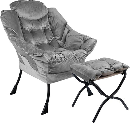 Lazy Chair with Folding Ottoman,Living Room Chairs, Accent Contemporary Lounge Chair, Single Steel Frame Leisure Sofa Chair with Armrests and A Side Pocket (DL22GRAY)