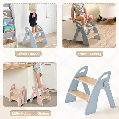 Wooden 2 Step Stool for Kids Bathroom Sink Foldable Anti-Slip 2-Step for Toilet Potty Training, Child Stepping Stool for Kitchen Nursery Bedroom, Sturdy Non Slip Adult Stool for Closet Blue
