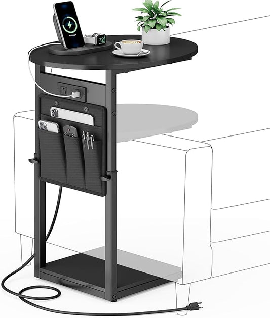 Vagusicc C Shaped End Table with Charging Station, 32" Tall Side Table for Couch and Recliner, Adjustable Height Small Couch Side Table Slide Under Sofa TV Tray Table for Living Room, Bedroom, Black