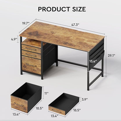 Maihail Computer Desk with Drawers, 47 inch Desk with 2 Drawers and Shelves, Office Desk with Storage, Desk with Storage Bag, Home Office desks with Drawers, Metal Frame for PC Laptop, Rustic Brown2