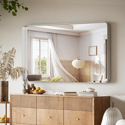 Bathroom Mirror 30x48 inch, Silver Gorgeous Deep Frame Wall Mirror, Modern Round Corner Bathroom Vanity Mirror for Bedroom, Living Room, Hanging or Leaning Horizontal or Vertical, Silver