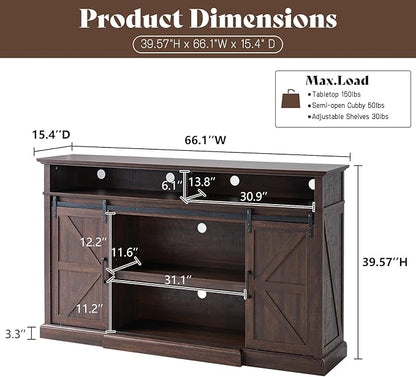 66" Farmhouse TV Stand for 75 Inch TVs, 40" Tall Entertainment Center with Sliding Barn Doors, Rustic Media Console Table Storage Cabinet with Adjustable Shelves, Living Room, Sawdust Brown