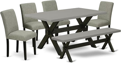 East West Furniture X696AB106-6 6 Piece Dining Room Set Contains a Rectangle Dining Table with X-Legs and 4 Shitake Linen Fabric Parson Chairs with a Bench, 36x60 Inch, Multi-Color