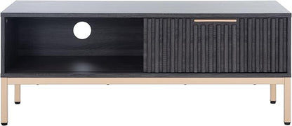 SAFAVIEH Lylia TV Stand for up to 55" Flatscreen – Distressed Black with Gold Legs & Handle, 1 Sliding Door, 1 Open Shelf, Entertainment Media Console (MED9617E)