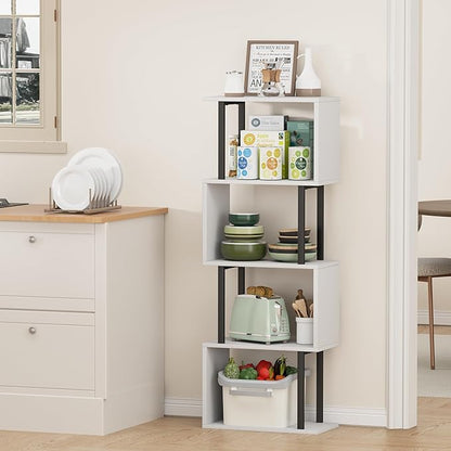Gadroad 4-Tier Bookshelf, Narrow S-Shaped Geometric Bookcase, Wood Decorative Storage Shelving, Modern Freestanding Display Shelves, Book Shelf Unit for Living Room Bedroom Home Office, White