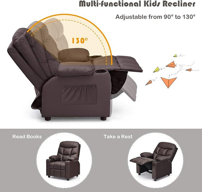 Costzon Kids Recliner Chair with Cup Holder, Adjustable Leather Lounge Chair w/Footrest & Side Pockets for Children Boys Girls Room, Ergonomic Toddler Furniture Sofa, Kids Recliner (Brown)