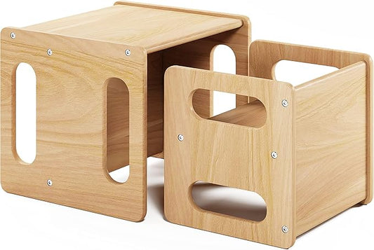 Montessori Weaning Table and Chair Set,Real Hardwood, Desk for Toddler Reading,Snack Time,Playroom,Activity Cube,Step Stool,1-3 Year Old Kids Montessori Furniture