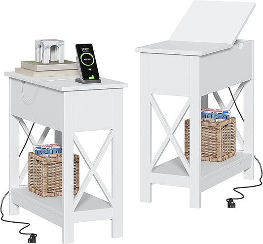 ChooChoo End Table with Charging Station, Narrow Flip Top Side Table with USB Ports & Power Outlets for Small Spaces, Nightstand Sofa Table for Living Room, Bedroom, White, 2 Pack