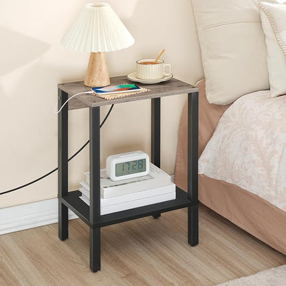 HOOBRO Side Table with Charging Station, Set of 2 End Tables with USB Ports and Outlet, Nightstand with 2-Tier Storage Shelf, for Living Room, Bedroom, Small Space, Greige and Black BG91UBZP201